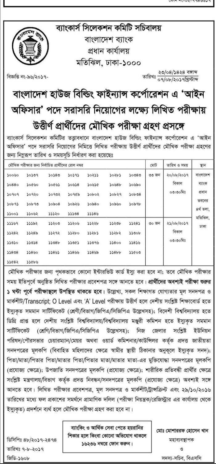 Bangladesh House Building Finance Corporation Job Exam Schedule 2017